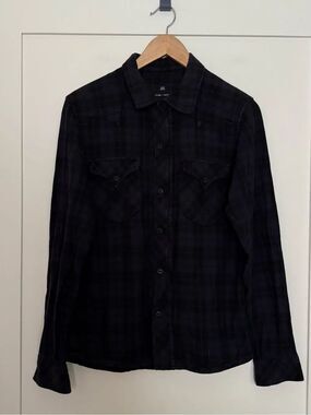 Wings + Horns Flannel Shirt Mens Sz S Navy Plaid Zip Up Long Sleeve Canada